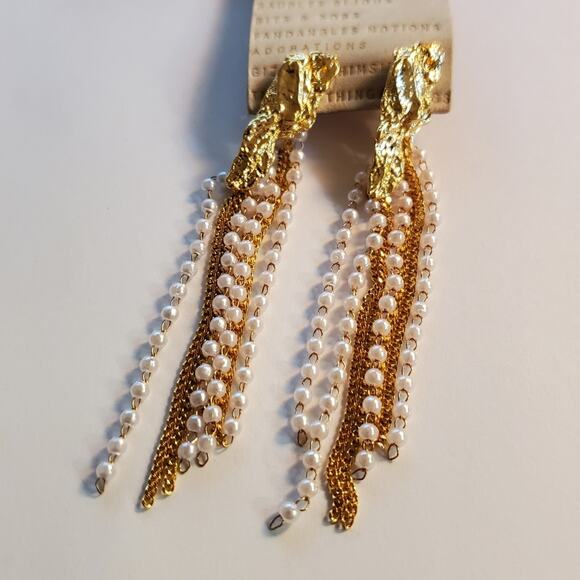 Anthropologie Brass pearl seed and chain drop earrings  NWT Gold plated brass - Picture 6 of 9